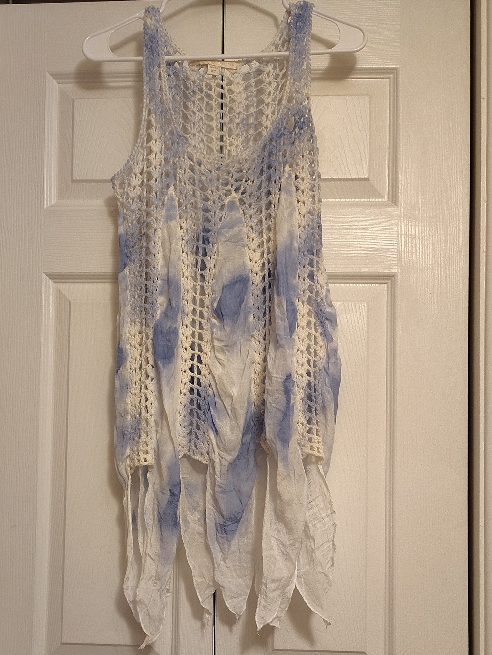 Boston Proper White/Blue Chrochet Tie-Dye Overlay Camisole